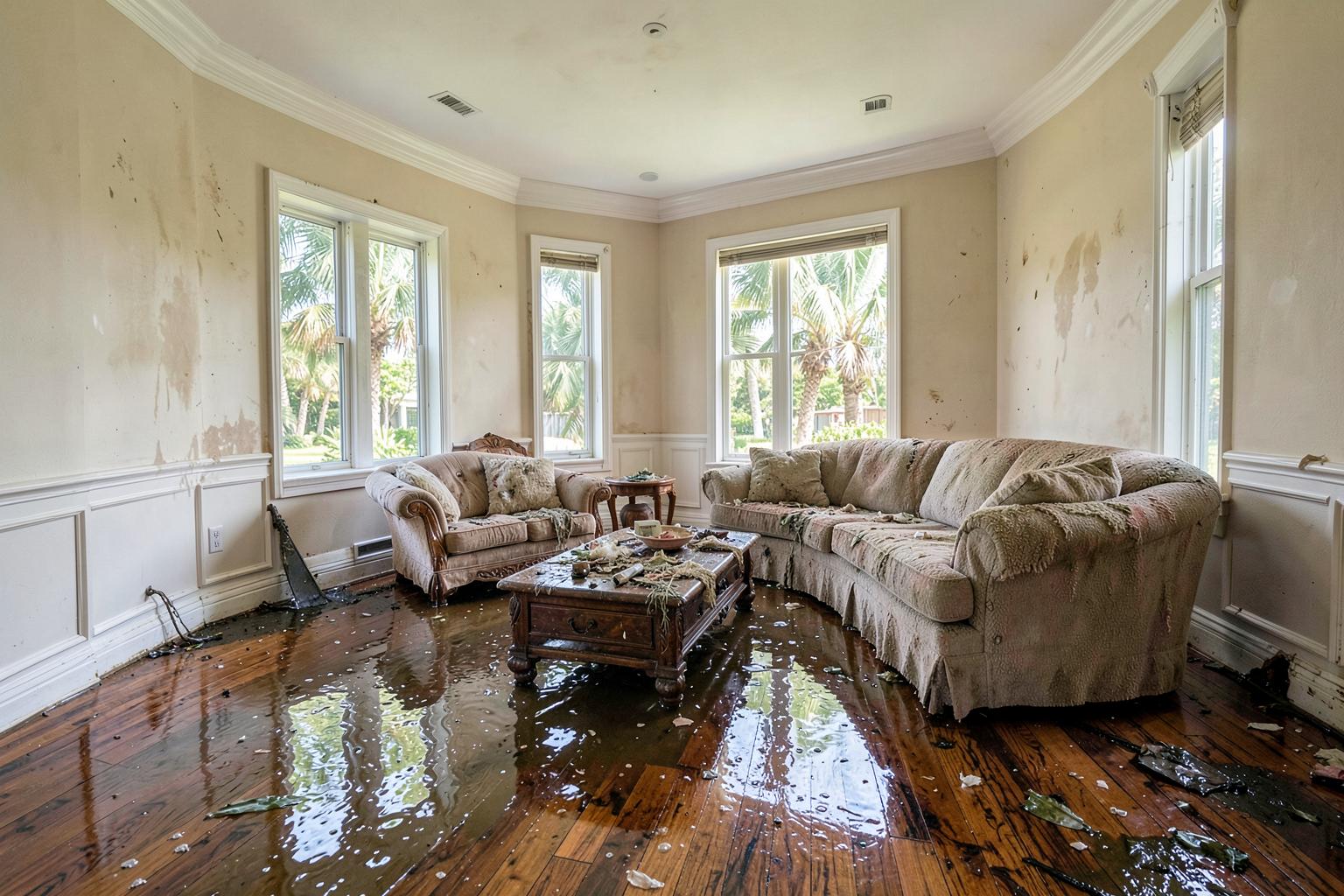 Flood-damaged South Florida home interior with standing water covering hardwood floors, water-stained walls, and waterlogged furniture