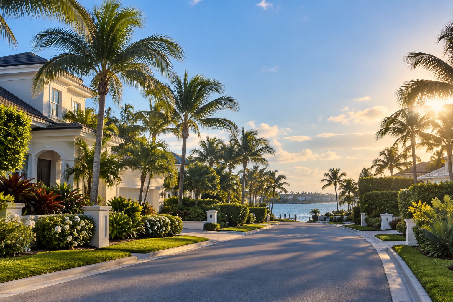 Palm-lined waterfront residential street in Jupiter, Florida