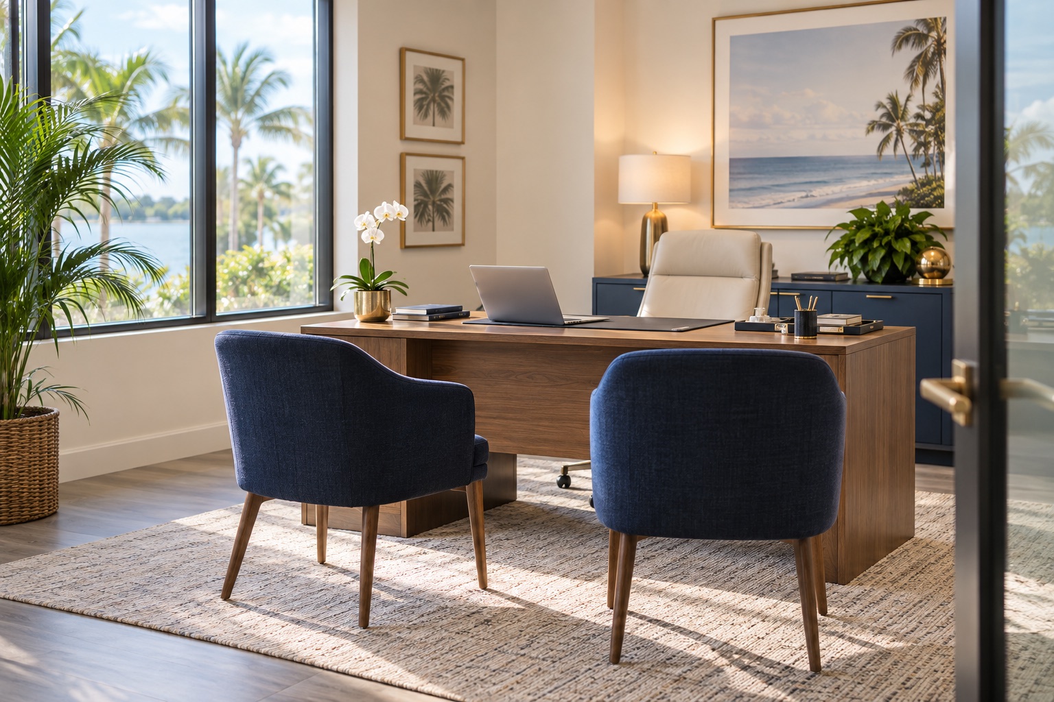 Illustrative professional office interior with a desk, two guest chairs, and coastal decor