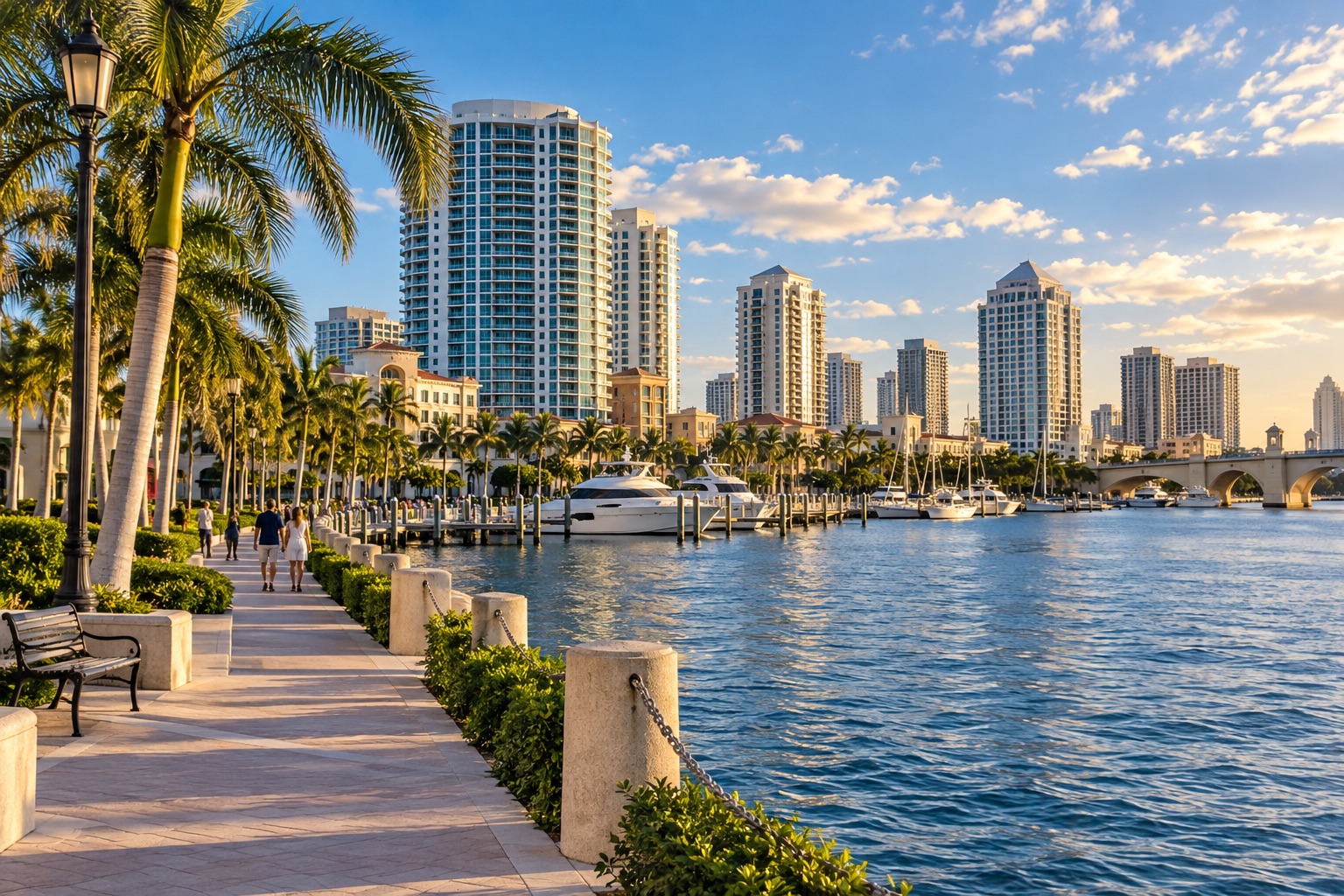 West Palm Beach waterfront skyline with marina, promenade, and palm trees